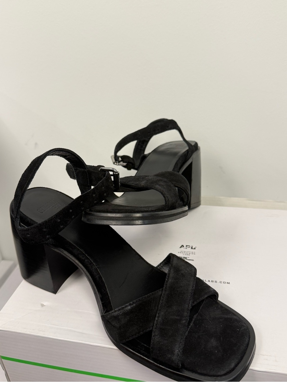 The Kooples Black Suede Cross-Strap Block Heel Sandals
